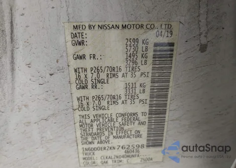 2019 Nissan Frontier Sv z USA, uszkodzony, nr VIN 1N6DD0ER2KN762598